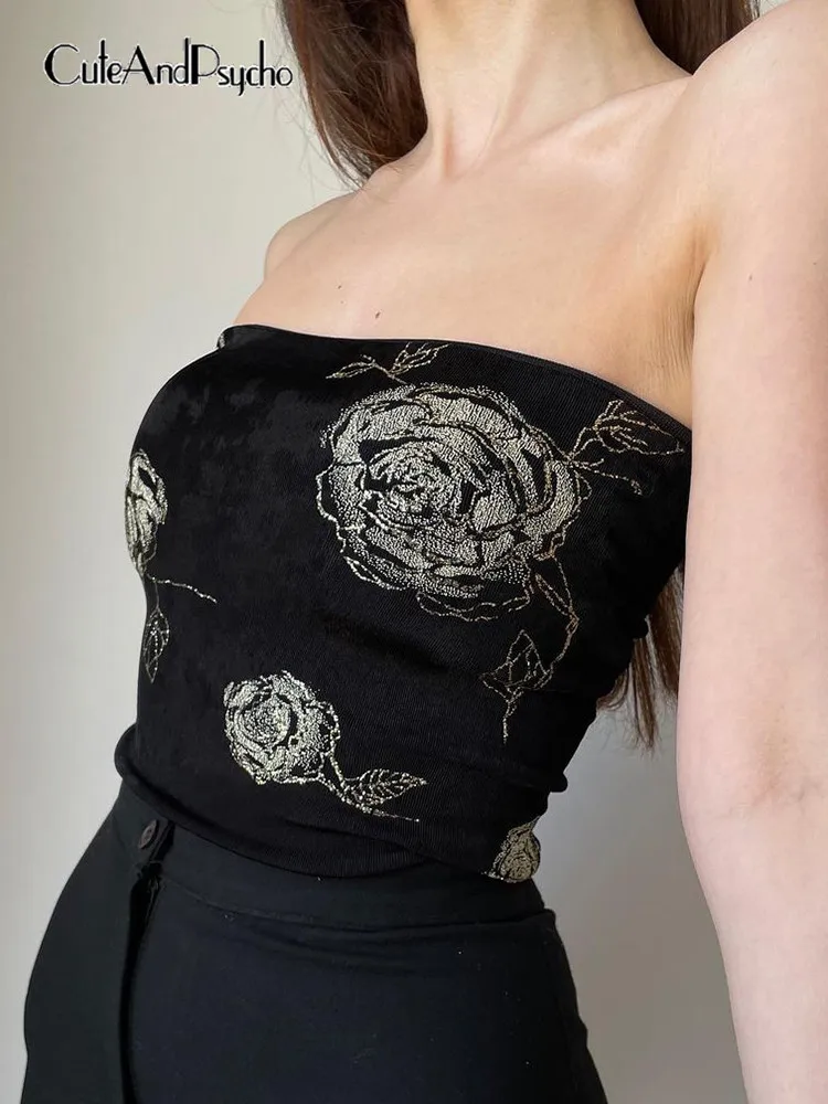 

Cuteandpsyy2k эстетические розово-черные топы, готические повседневные короткие наряды с открытыми плечами, Летняя женская одежда без бретелек, с...