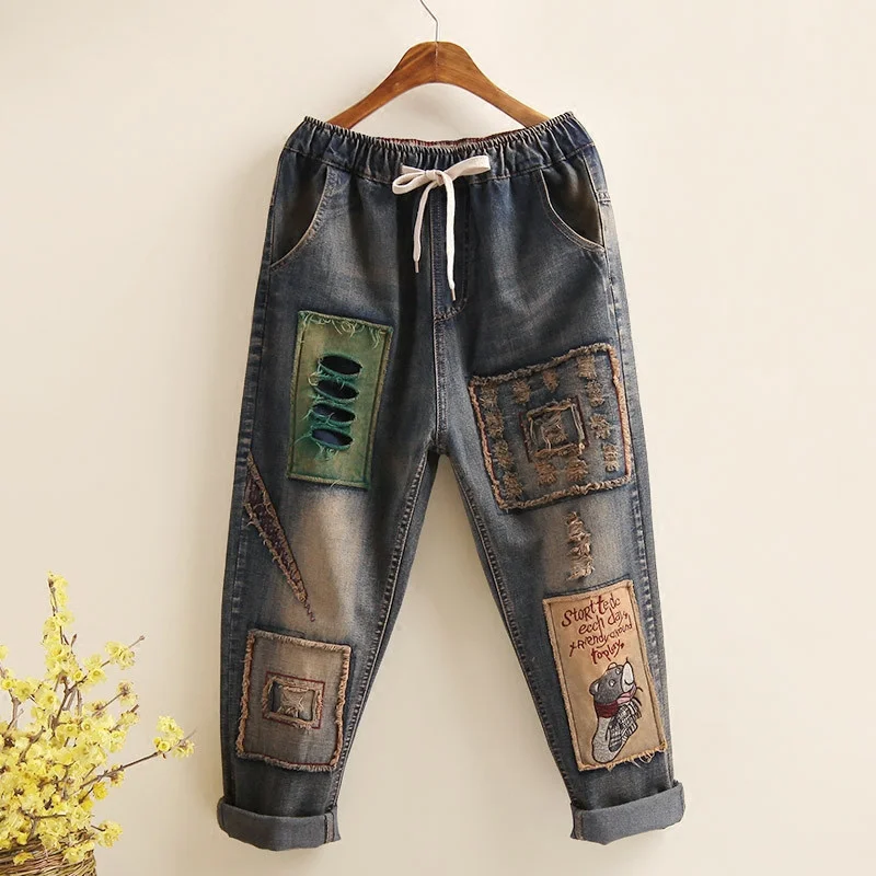 

Spring Autumn Women Jeans Casual Loose High Waist Patchwork Denim Pants Trousers Vintage Harem Pant Calca Jeans Feminina P273