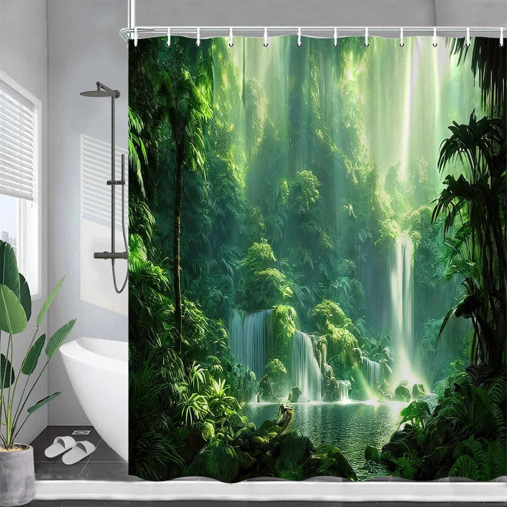 

Тропические тропические занавески для душа, занавески для ванной комнаты из полиэстера с лесными растениями и водопадом, набор для декора с крючками