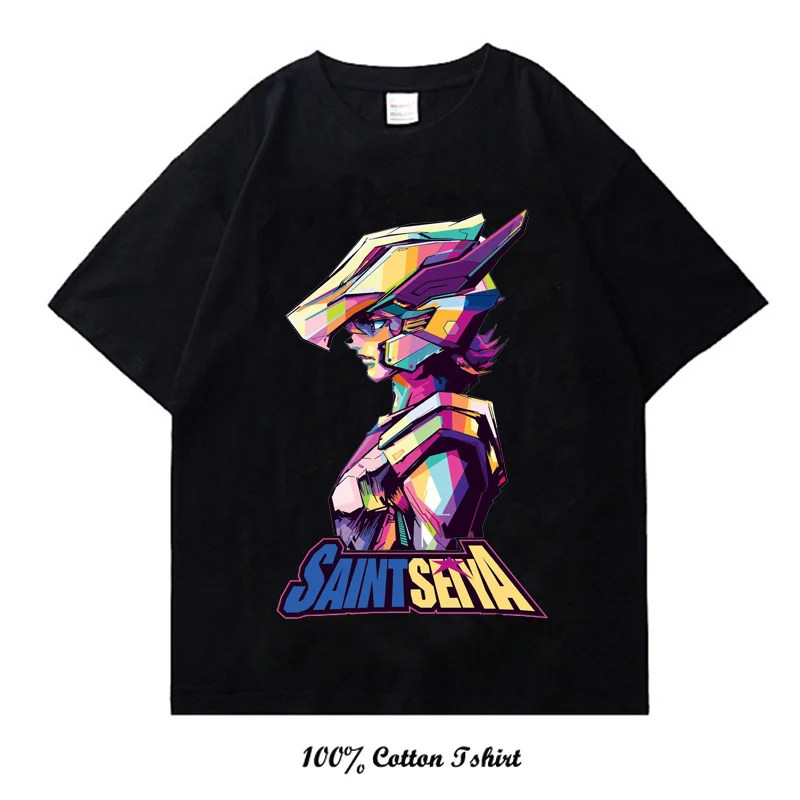 Saint Seiya Black Harajuku Street Dress Japanese Anime Print T-shirt Cotton casual T-shirt Summer Short Sleeve Top