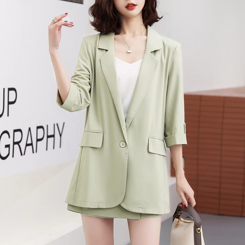 

Women Shorts Suits Solid Summer Thin Blazers Tops + Elastic Waist Shorts Skirts Two 2 Piece Sets Office Lady Fashion Outfit