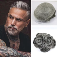 Men's Wigs 1B80 1B65 Grey Human Hair Wave Durable Thin Skin Toupee Male Transparent Full PU Comfortable Replacement System Unit