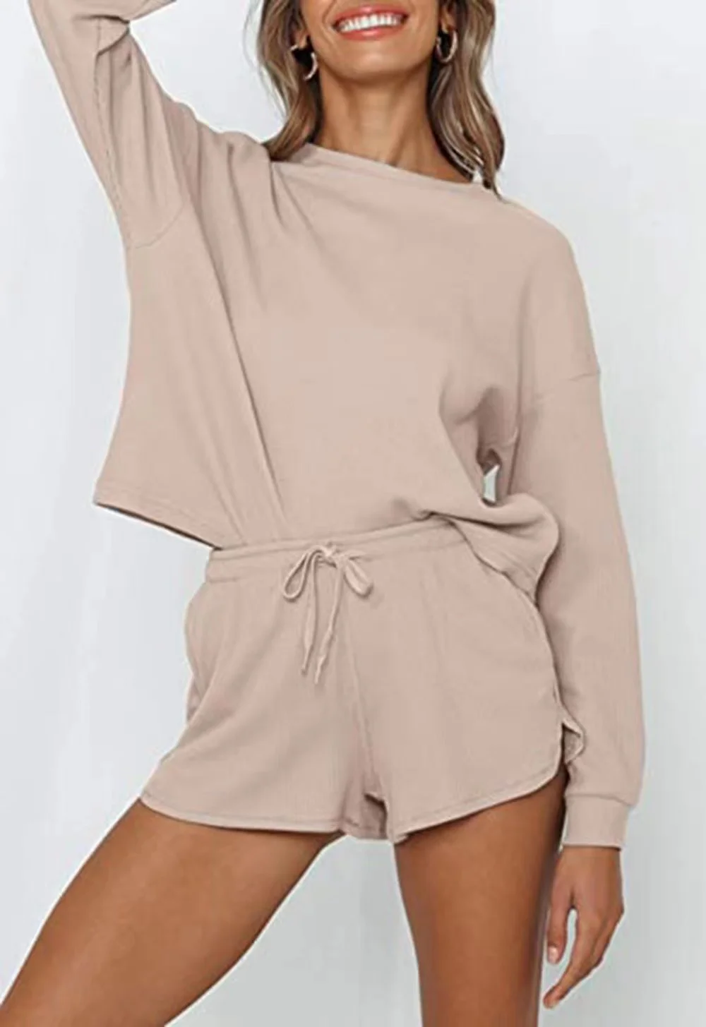 Hot Sale Women Waffle Knit Long Sleeve Pullover Top and Shorts with Pocket Wearable Fashion&Casual Pajamas Sets