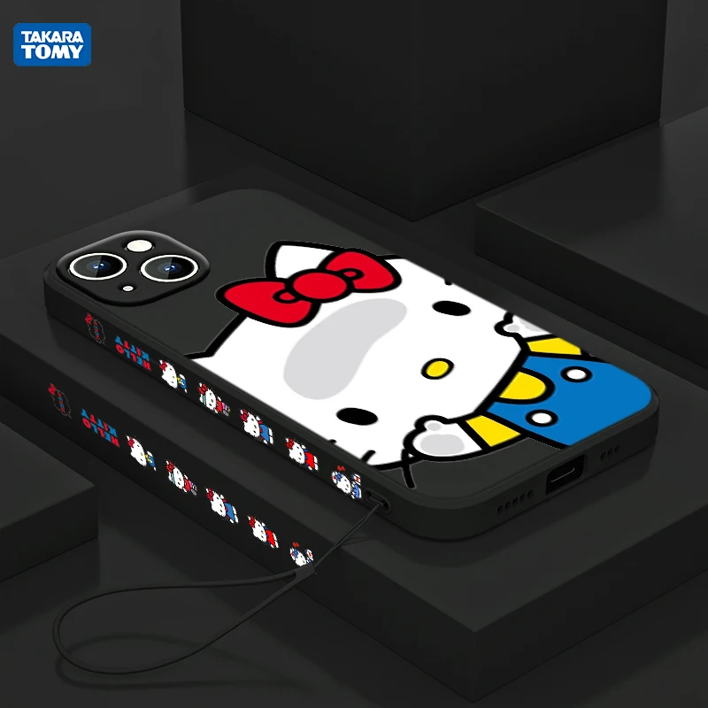 

Anime Cute Hello Kitty For Apple iPhone 13 12 Mini 11 Pro XS MAX XR X 8 7 6S SE Plus Liquid Left Rope Silicone Phone Case Coque