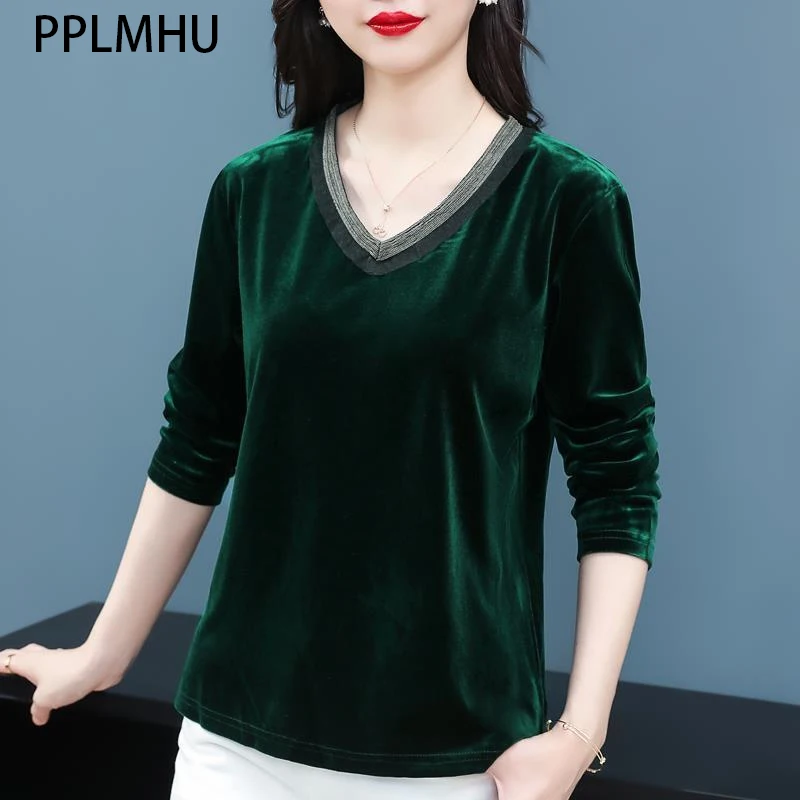 

Женская Вельветовая футболка с V-образным вырезом и длинным рукавом