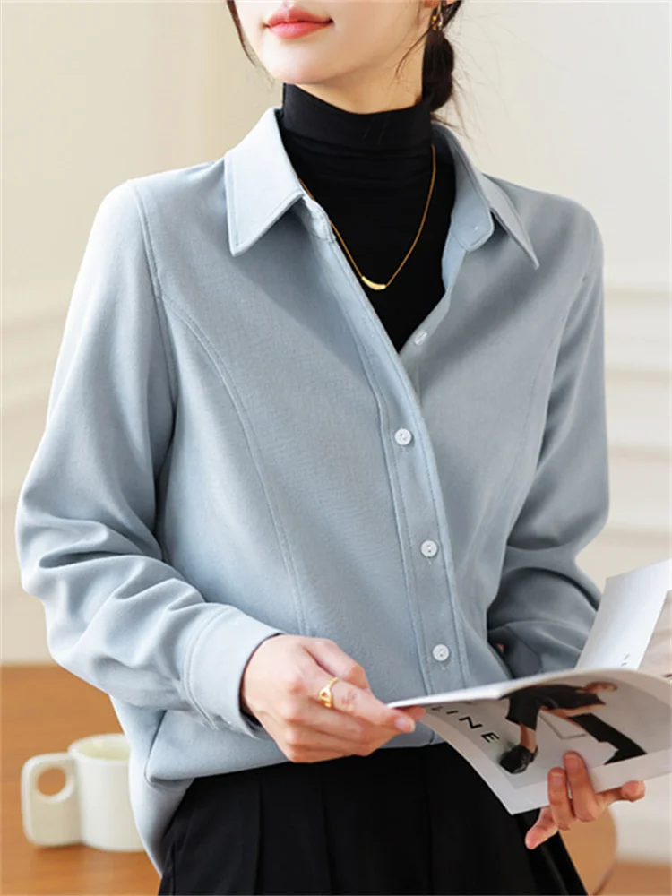 

Thicken Warm Shirt for Women Fall Winter 2022 New Turn Down Collar Button Up Blouses Office Ladies Elegant Casual Tops