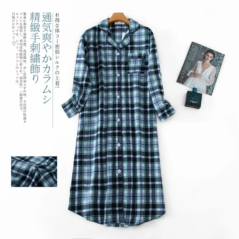Autumn Women's Cotton Flannel Nightgown Long Flannel Plaid Nightshirt Button Down Long Sleeve Sleepwear Sleepshirts with Pockets