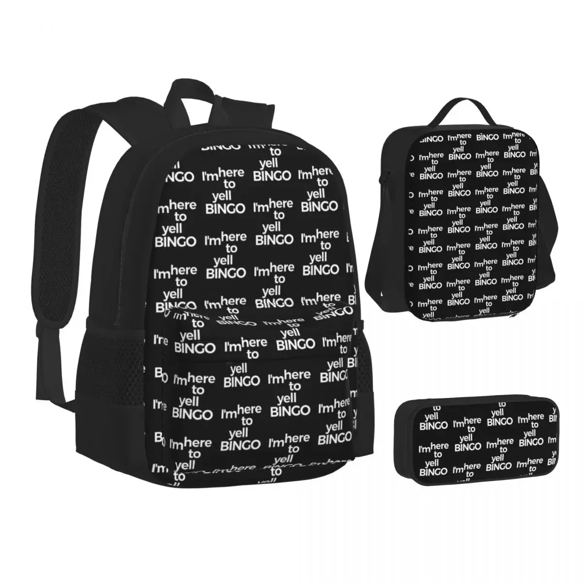 

Im Here To Yell Bingo Backpacks Boys Girls Bookbag Students School Bags Cartoon Kids Rucksack Lunch Bag Pen Bag Three-Piece Set