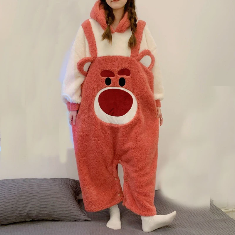 Winter Warm Pajamas Set Jumpsuits Women Coral Fleece Sleepwear Kigurumi Animal Bear Onesie Cartoon Thicken Plus Size Pyjamas