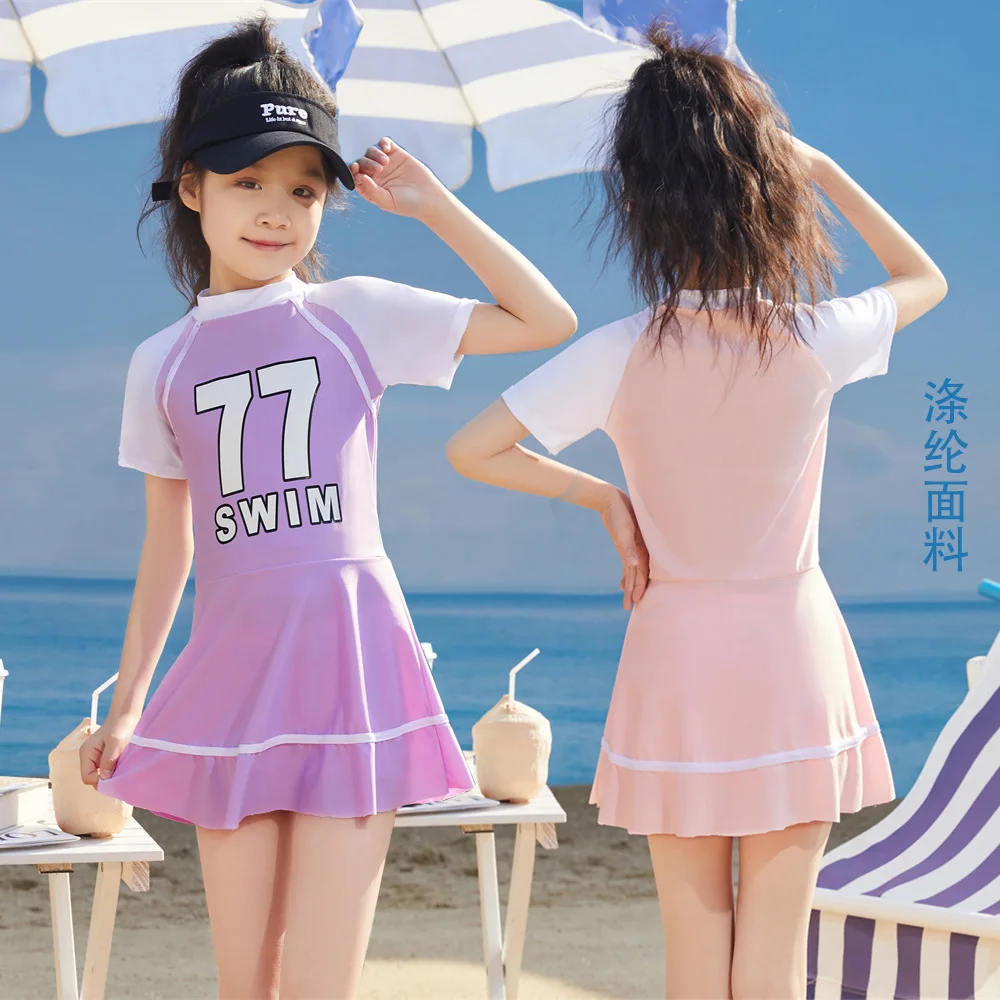 

Kids Swimsuit One Piece Dress Pretty Girl Swimwear Sports Bathing Suit Summer Beachwear Swimming Clothing Children Cute Korean
