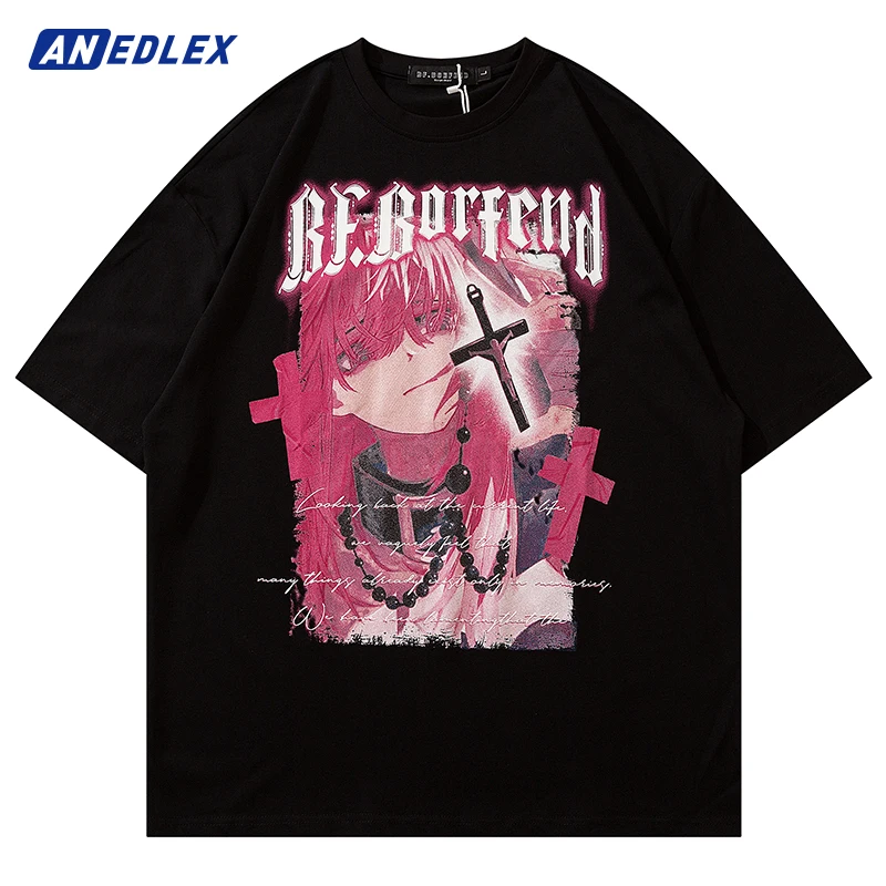 

2022 Men Harajuku T-Shirt Hip Hop Streetwear Anime Girl Letter Graphic T Shirt Cotton Casual Tshirt Summer Short Sleeve Tops Tee