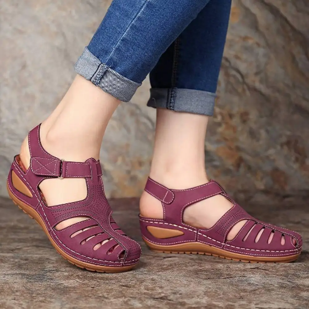 2023Fashion Summer Women Shoes Sandals Hollow Round Toe Shoes Wedge Summer Female Shoes Comfortable Beach Ladies Hook Loop Shoes