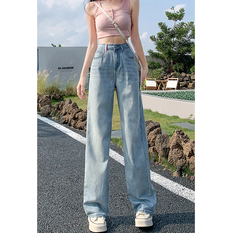 Jeans Female Blue Spring/Summer Commuter Student Thin High Waist Wide Leg Pants New Small Versatile Floor Dragging Pants