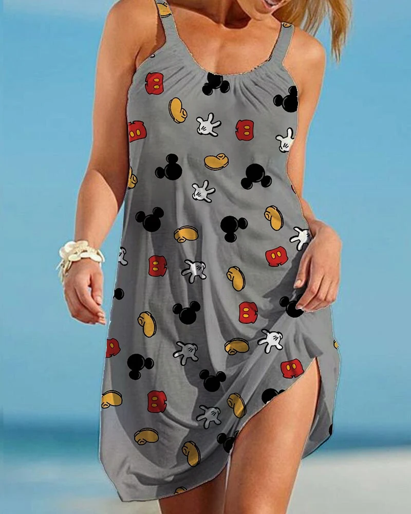 

2022 Summer Disney Women's Dresses Mickey and Minnie Ladies Sexy Loose Fashion Sling Print Seaside Beach Casual Beach Dresses