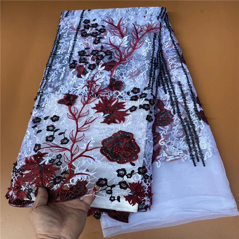

5 Yard Newest Hot Selling French Lace With Sequins High Quality African Tulle cord Lace Net Embroidered Lace Fabric PS021804