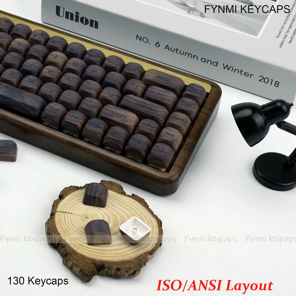 Фото Fynmi ISO ANSI тема орехового дерева MOA профиль PBT сублимационная краска 9,8 мм колпачки для клавиш 130 клавиш для механической клавиатуры №4