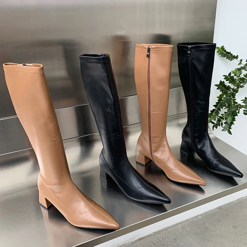 

2022 Fashion Women Knee-High Boots Zippers Outdoor Female Heel Shoes Casual Pointed Toe Party Dress Elegant Ladies Long Boots