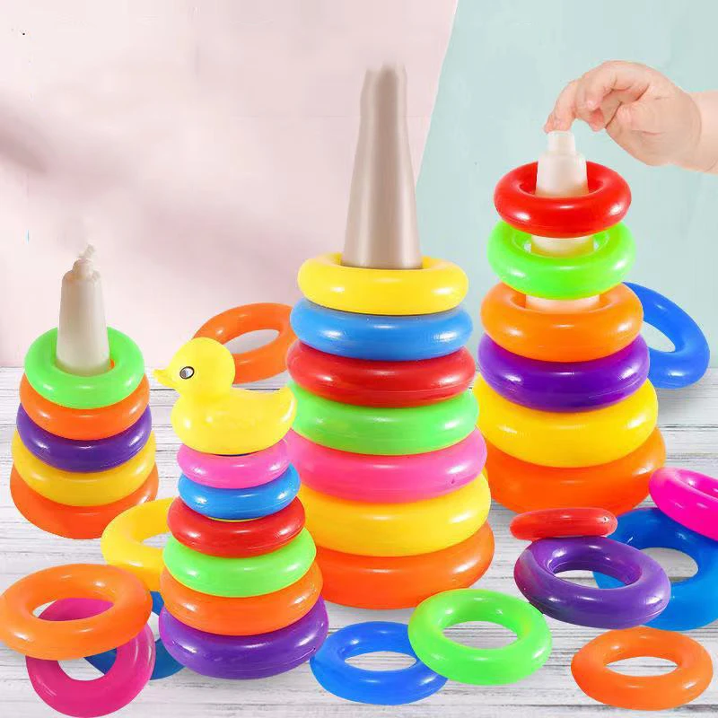 

Baby Rainbow Tower Stacking Circle Fun Duck Game Children Puzzle Pyramid Tower Cup Montessori Early Educational Bathtub Toy Gift