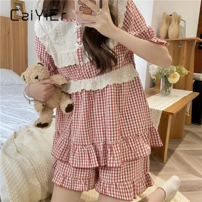 CAIYIER Korean Red Grid Print Summer Pajamas Set Sweet Girls Kawaii Nightwear Lace Chic Short Sleeve Shorts Sleepwear Home Suit
