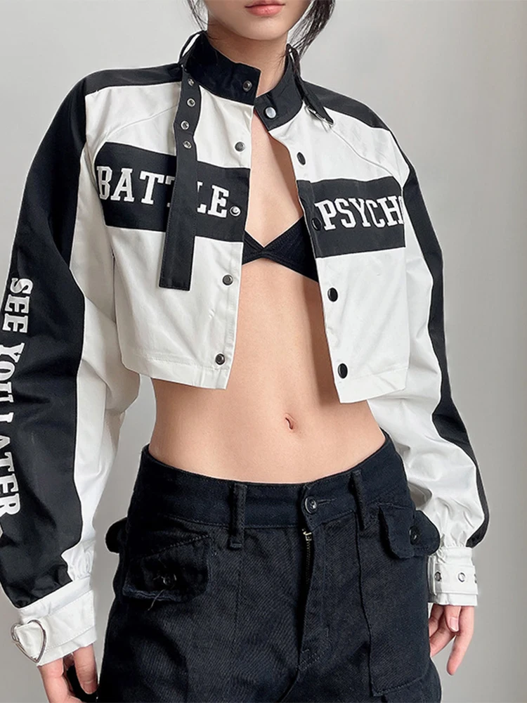 

SEASONS Contrast Patchwork Cropped Racing Jackets Eyelet Choker Punk Biker Coats Women Button Up Long Sleeve Street ASCO85793