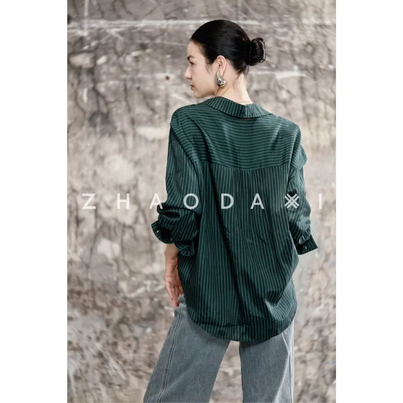 Новинка осени 2024 женская дизайнерская рубашка в зеленую полоску Корейском стиле