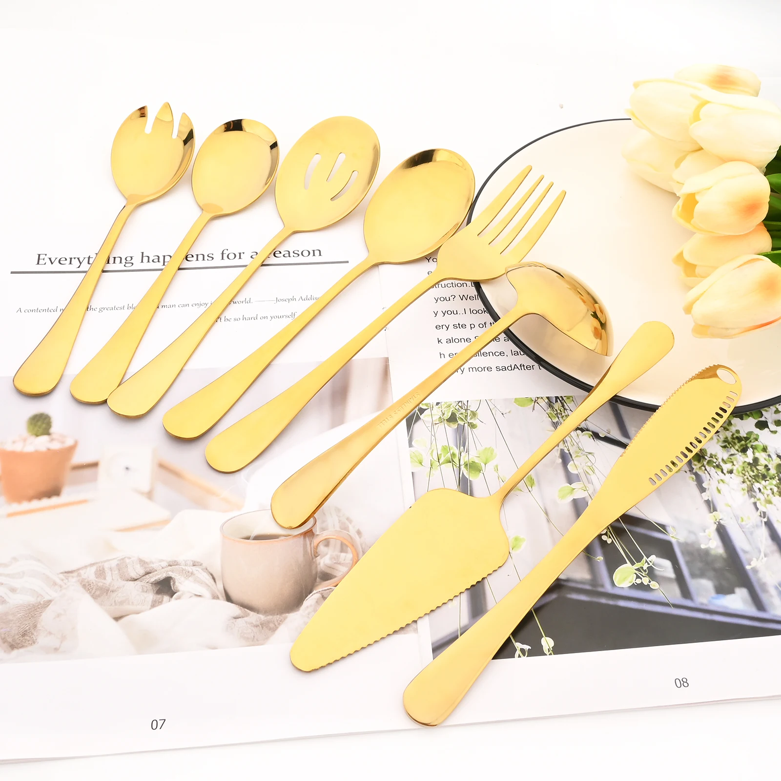 

Набор столовых приборов Drmfiy из нержавеющей стали золотистого цвета, комплект из 8 предметов, нож для масла, лапши, ложка, нож для пиццы, вилка ...