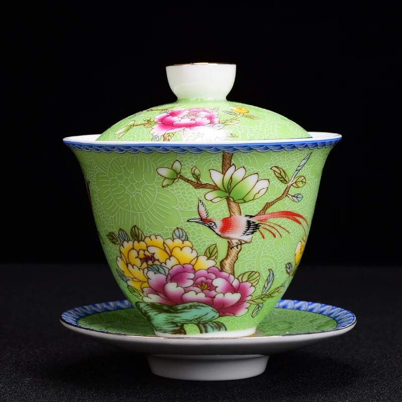

Enamel Ceramic Cover Bowl Tea Cup Tea Bowl Grilled Flower Cover Bowl Tea Set Kung Fu Tea Set White Porcelain Sancai Cover Bowl