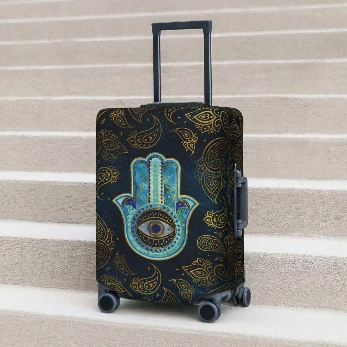 

Hamsa Hand Suitcase Cover Gold Paisley Print Strectch Travel Protection Luggage Supplies Vacation