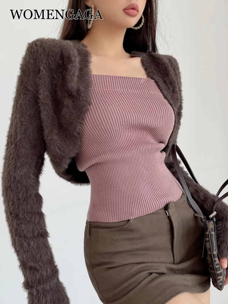 

WOMENGAGA American Fashion Hot Girl Sweater Two-piece Long Sleeve Plush Cardigan Knitted Tops Fashion Korean Women 2022 3QWV