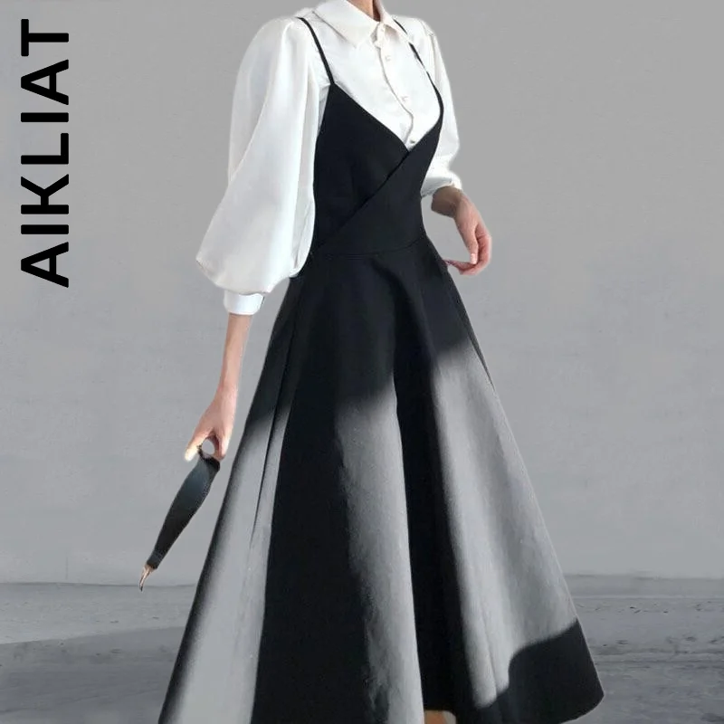 

Aikliat New Women Dress Lantern Sleeve Shirt Set+Camisole Bow Pleated Solid Dresses Chic Dress Woman Female Vestidos