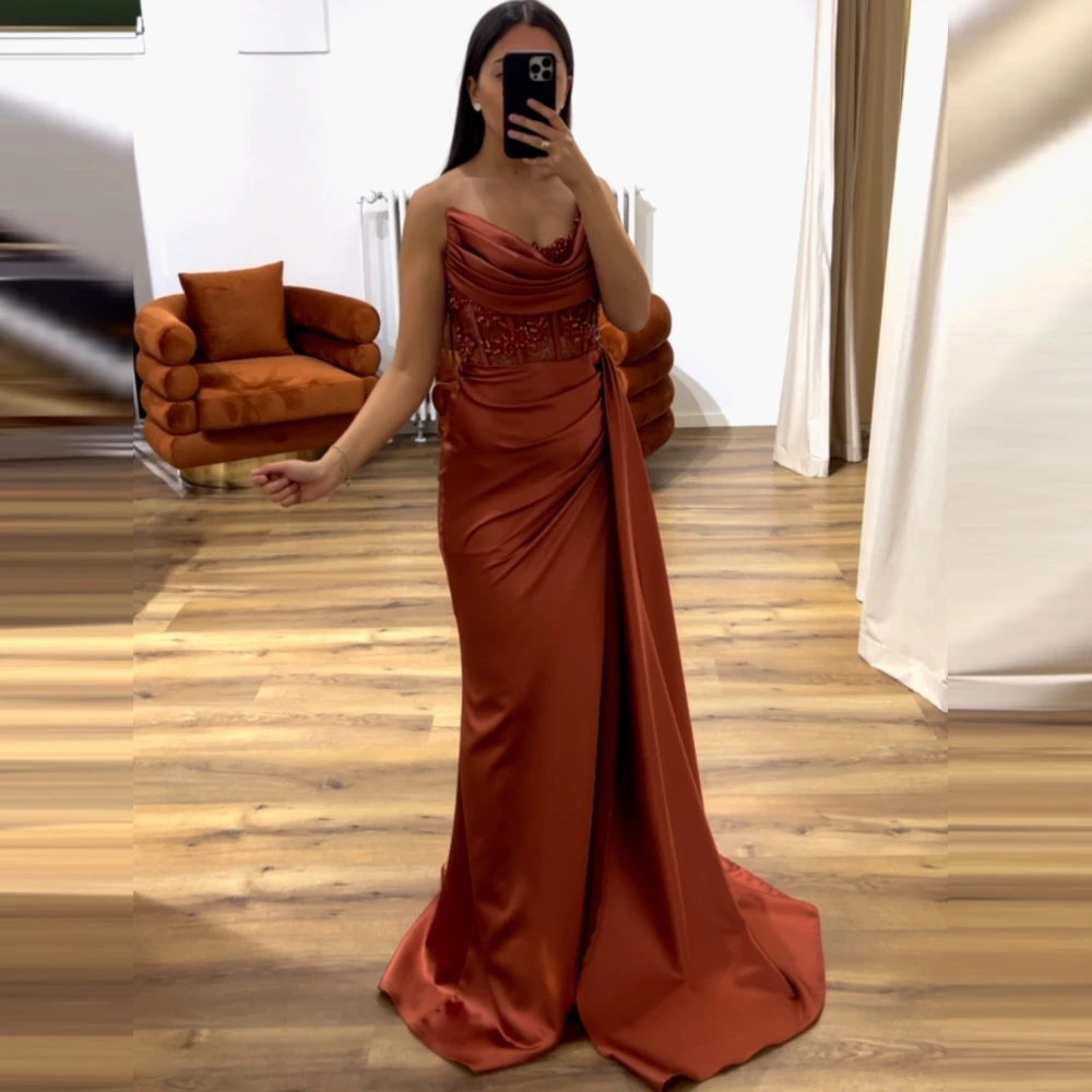 

Carolina Strapless Satin Evening Dresses 2023 Saudi Arabia Women Mermaid Beading Wedding Guest Elegant Formal Party Gowns