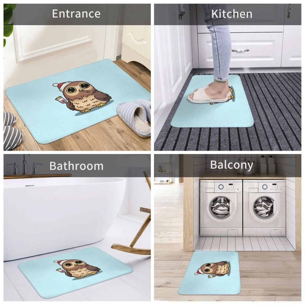 

Bath Mat Cute Christmas Owl With Wine Decor 3D Rug Carpet Doormat Non-slip Entrance Living Room Home Kitchen Dust Bathroom Cute