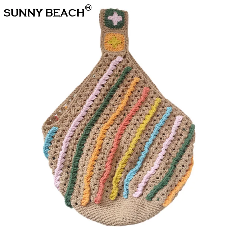 

New Hand-Woven Large Capacity Women Bag Single Shoulder Bag Cotton Thread Bucket Bag Color Stripe Casual Tote Summer Beach Bag