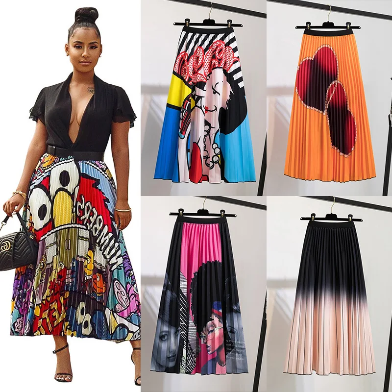 

Long Pleated Skirt for Women Printing Cartoon Gothic Fashion Clothing Chiffon High-waist All-match Folds Y2k Goth Woman Skirts