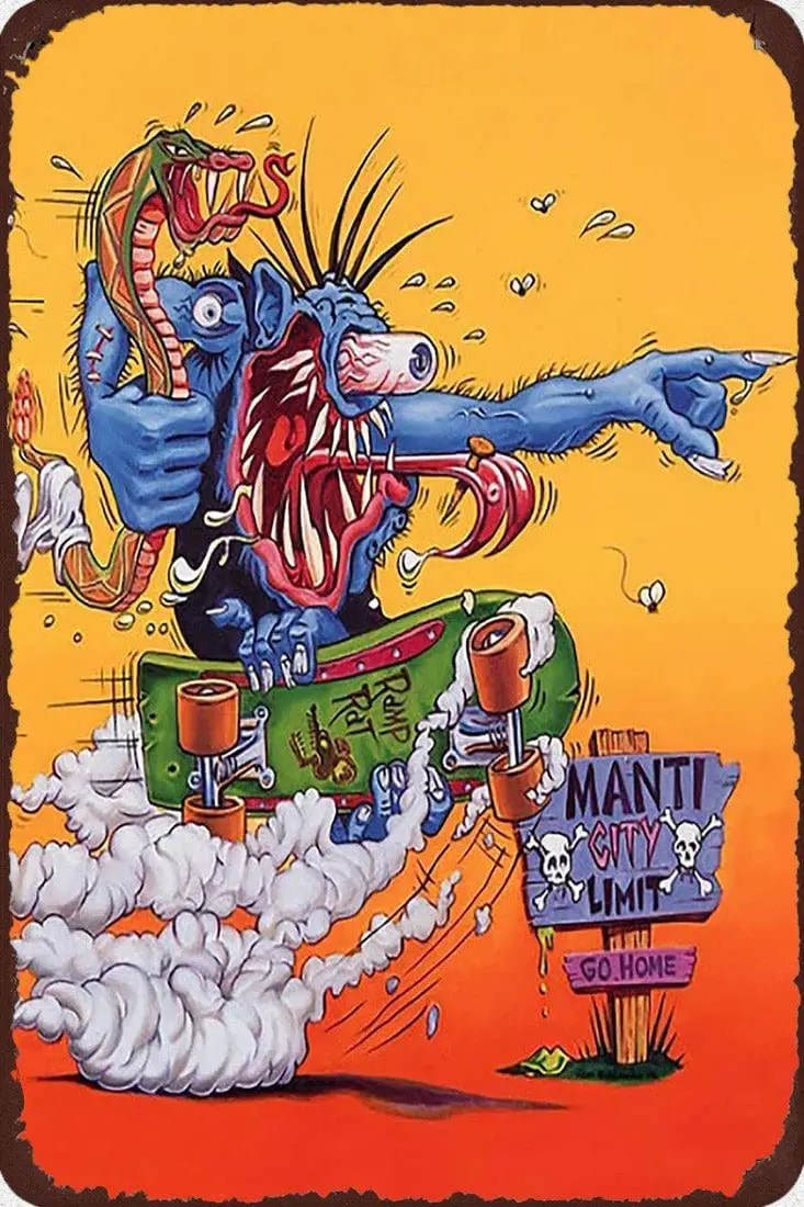 

Rat Fink Metal Poster Vintage Tin Sign Metal Plate Cartoon Wall Stickers Retro Plaque Shabby Metal Sign Man Cave Decor 12x8 in