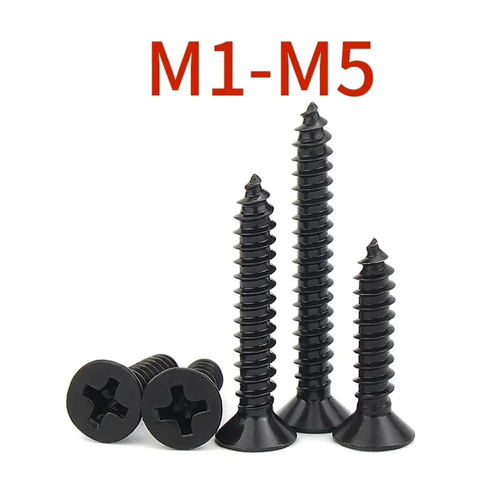 

100 шт./лот M1 M1.2 M1.4 M1.5 M2 M2.6 M3 M3.5 M4 M5 Саморез с потайной головкой и плоской головкой, черный крестообразный винт из углеродистой стали