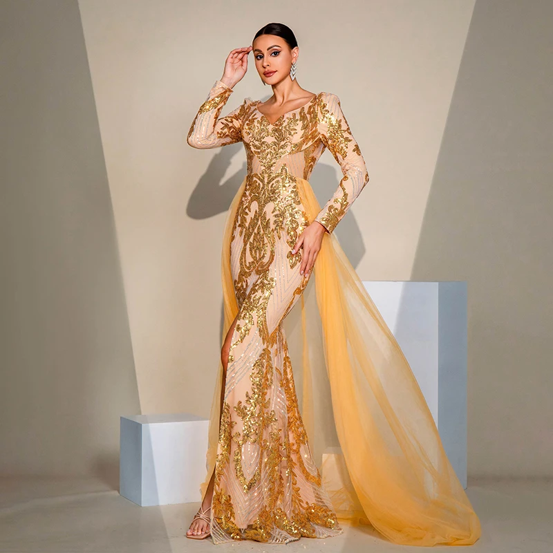 Роскошное вечернее платье Vestido De Festa женское с длинным рукавом и v-образным