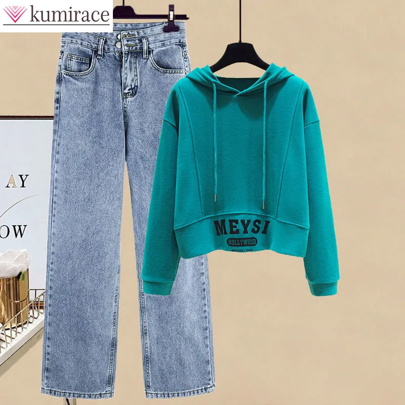 

Korean Popular Casual Sports Hoodie High Waist Straight Through Trousers Pants Two-piece Set Outdoor Sports Running Women's Suit