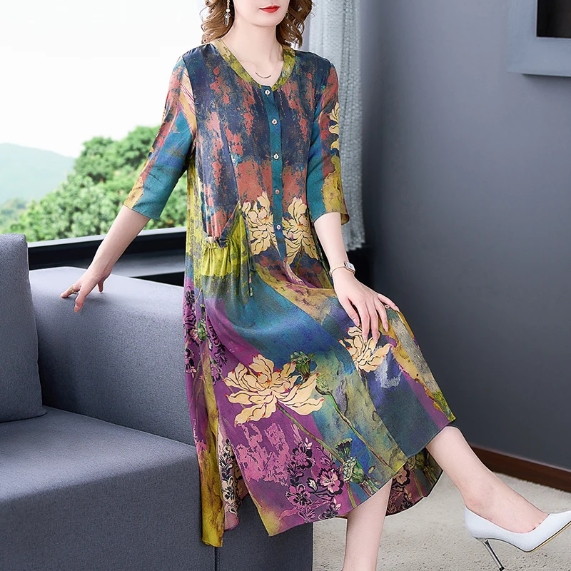 

Women Floral Natural Silk Midi Dress Spring Summer New Fashion Light Beach Dress 2022 Korean Vintage Elegant Loose Waist Dress