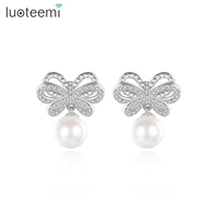 luoteemi aesthetic bowknot shell pearl drop earrings for women wedding engagement accessories for bridal brincos feminino