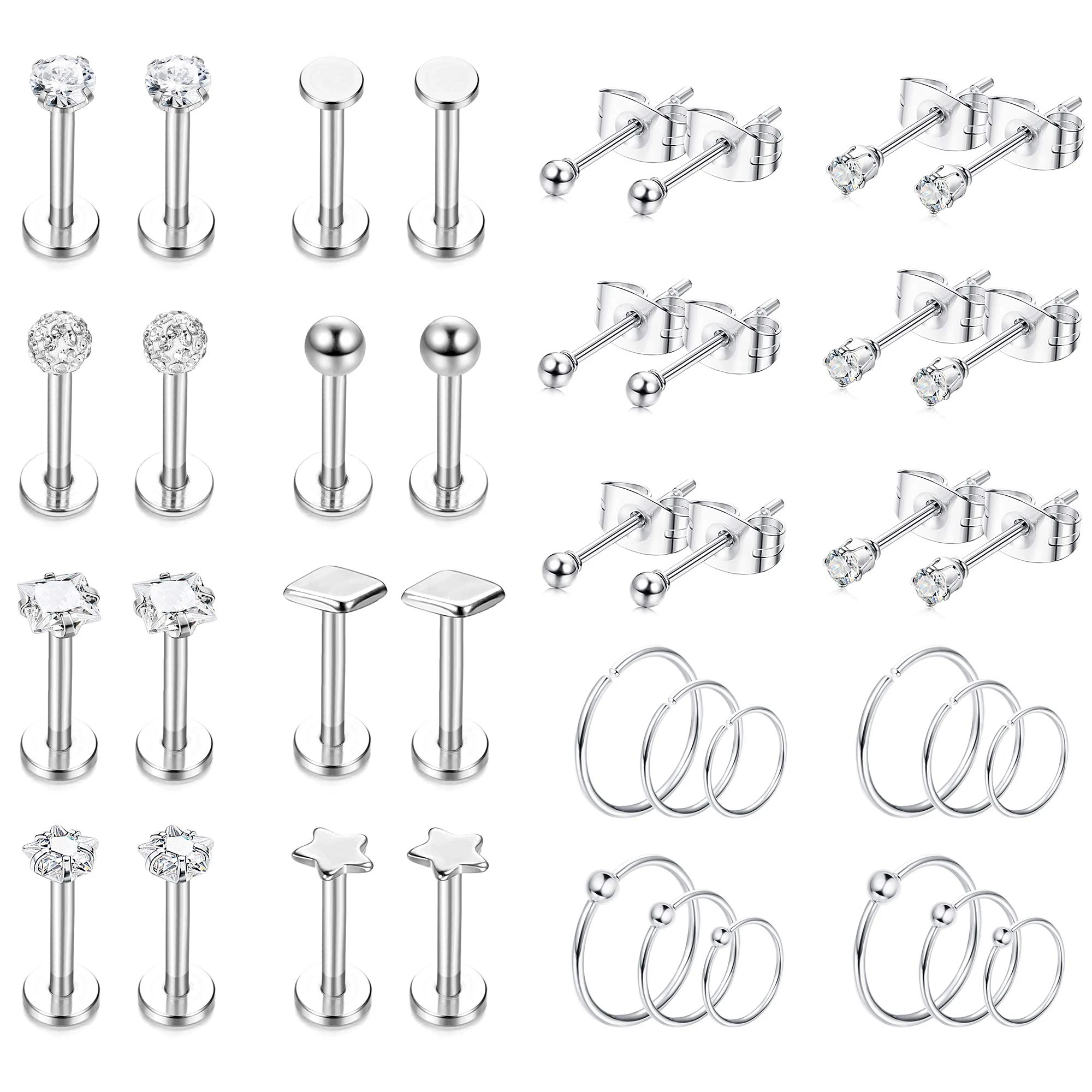 

20Pair Stainless Steel Tiny Stud Earrings Small Endless Hoops Earrings Set Ball CZ Stud Cartilage Earrings Tragus Helix Piercing