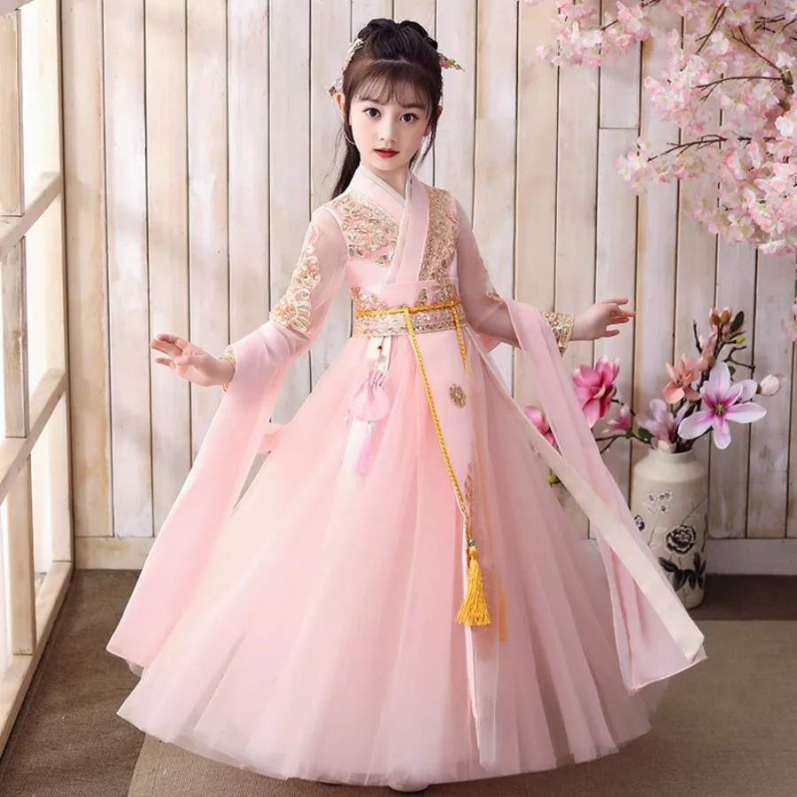 

Chinese Traditional Hanfu Clothing For Girls Embroidery Special Occasion And Important Festival Dress 3 To 14 Year Child Costume