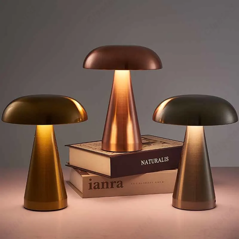 Nordic Led Gold Table Lamp for Bar Hotel Decoration Mushroom Rechargeable Desktop Night Lights 3color Touch Switch Bedside Lamp