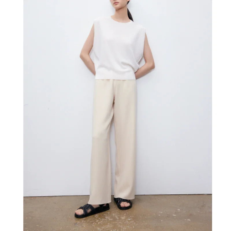 Acetate Fabric Wide-leg Pants 2023 Summer All-match Elastic Belt Straight Female Long Pants