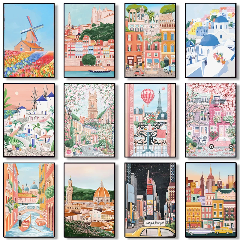 Акварель абстрактный город путешествия Нью-Йорк Санторини Римский Эдинбург