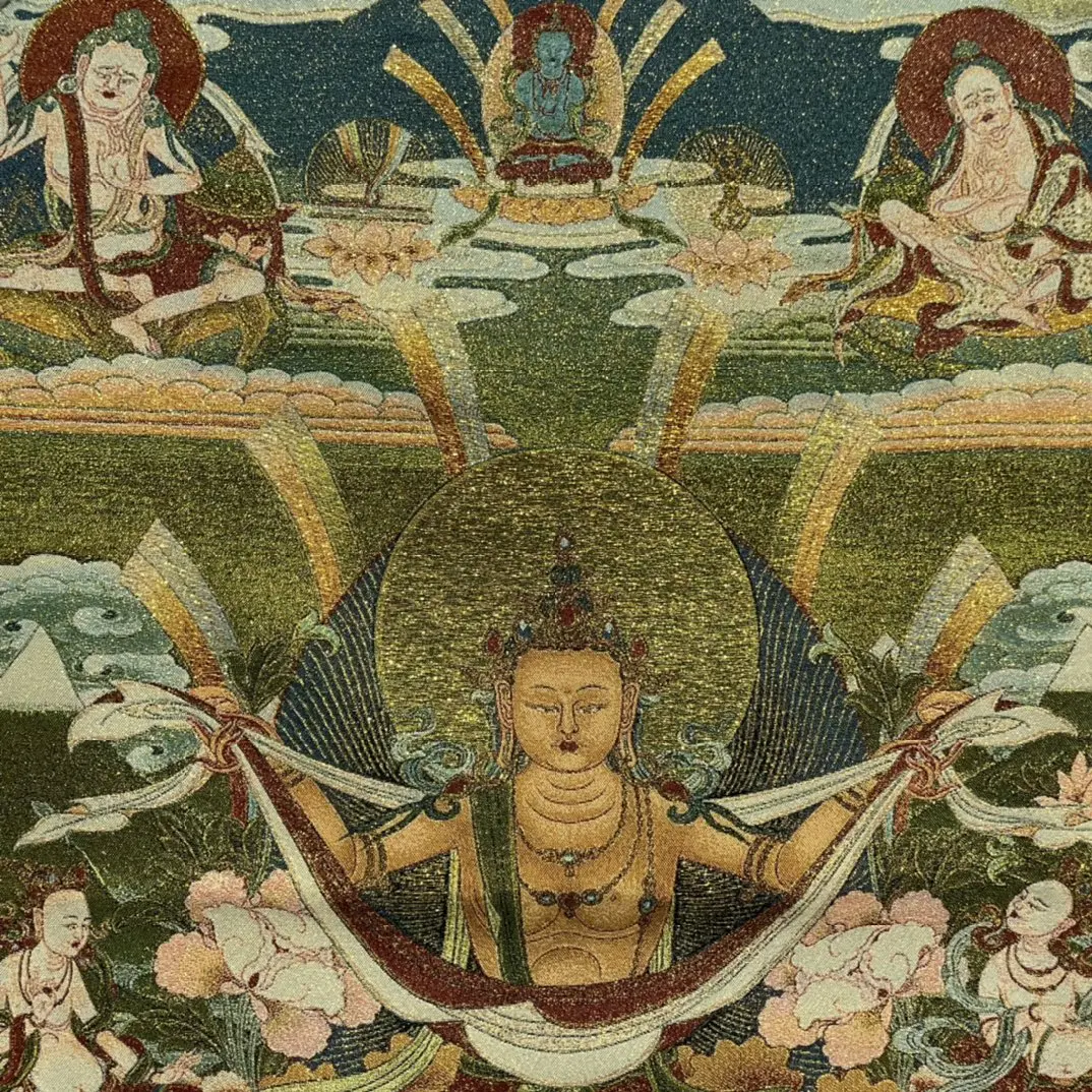 35 &quotТханка вышивка тибетский буддизм шелковая зеленая Тара сидящий Будда Тханка