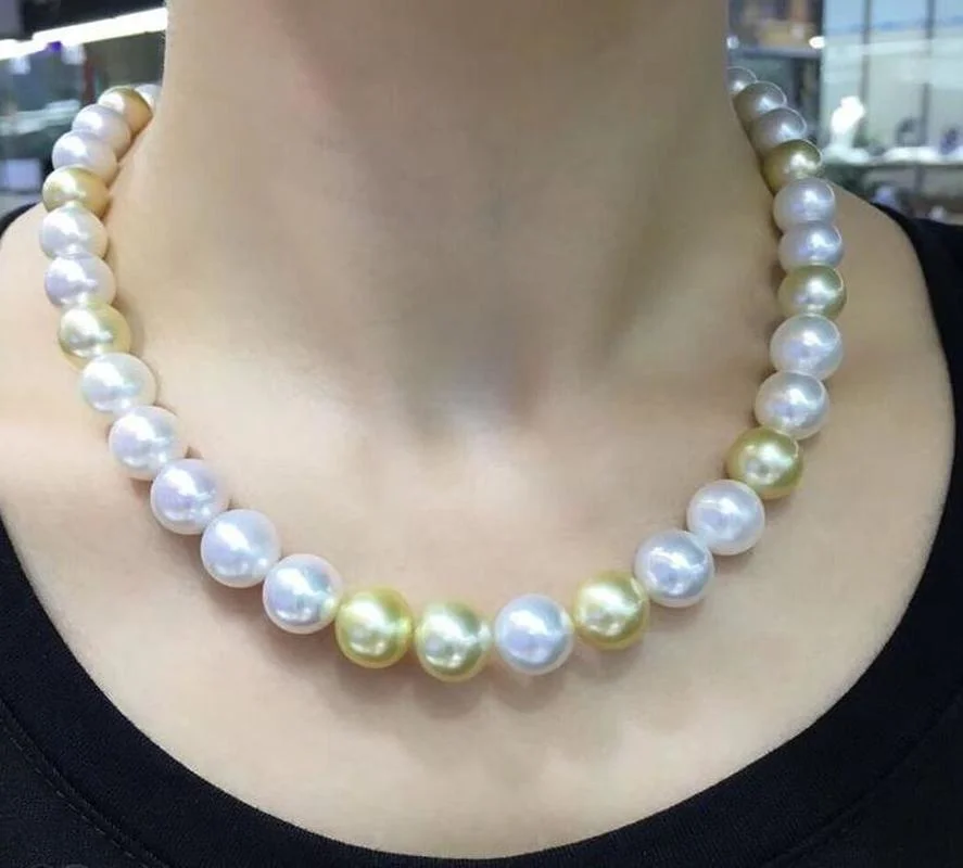 

Huge Charming 18"11-12mm Natural Sea Genuine White Golden Round Pearl Necklace Free Shipping Women Jewelry Pearl Necklace