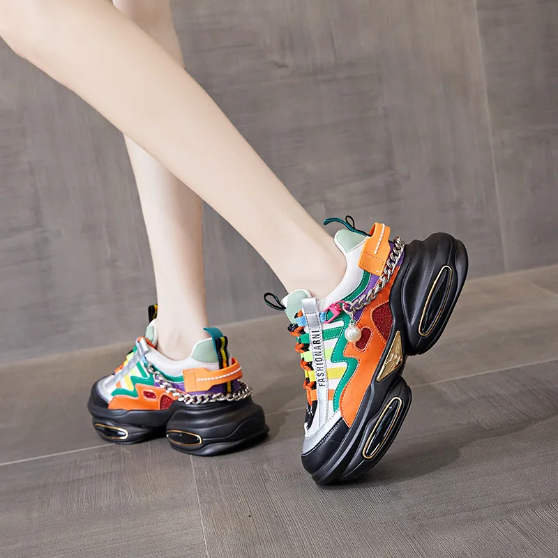 Autuspin 5cm Sports Shoes for Women Spring Summer Retro Thick Bottom Genuine Leather Ladies Sneakers Woman Casual Mixed Colors