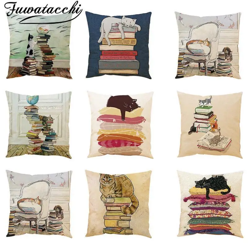 

Fuwatacchi Cushion Cover Linen Cute Cat Kitten pillow cover Home Decorative Throw PillowCase Sofa Waist Cover Funda Cojin 45cm