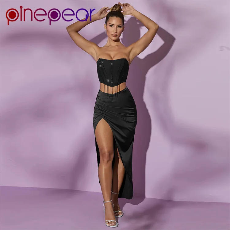 

PinePear Sexy Asymmetrical Dress Set Club Evening Party Women 2 Piece Outfits 2024 Glitter Diamond Tassel Camis Long Skirt Sets